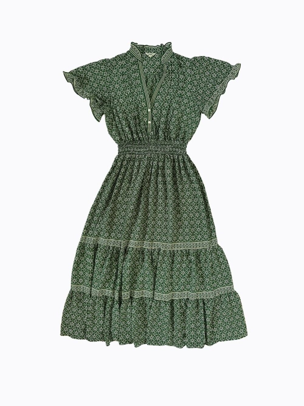 Green Floral Maxi Dress Med Flutter Sleeve Tiered Boho Whimsigoth Forest Fairy